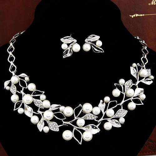 Fashion Simulated Pearl Jewelry Sets Statement Necklaces Earrings for Women Crystal Leaf Collares Wedding Accessories