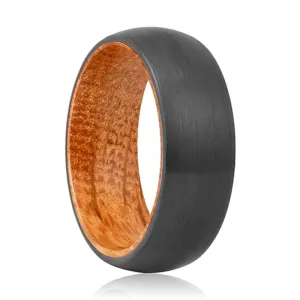 FRASER | Whiskey Barrel Wood, Black Tungsten Ring, Brushed, Domed