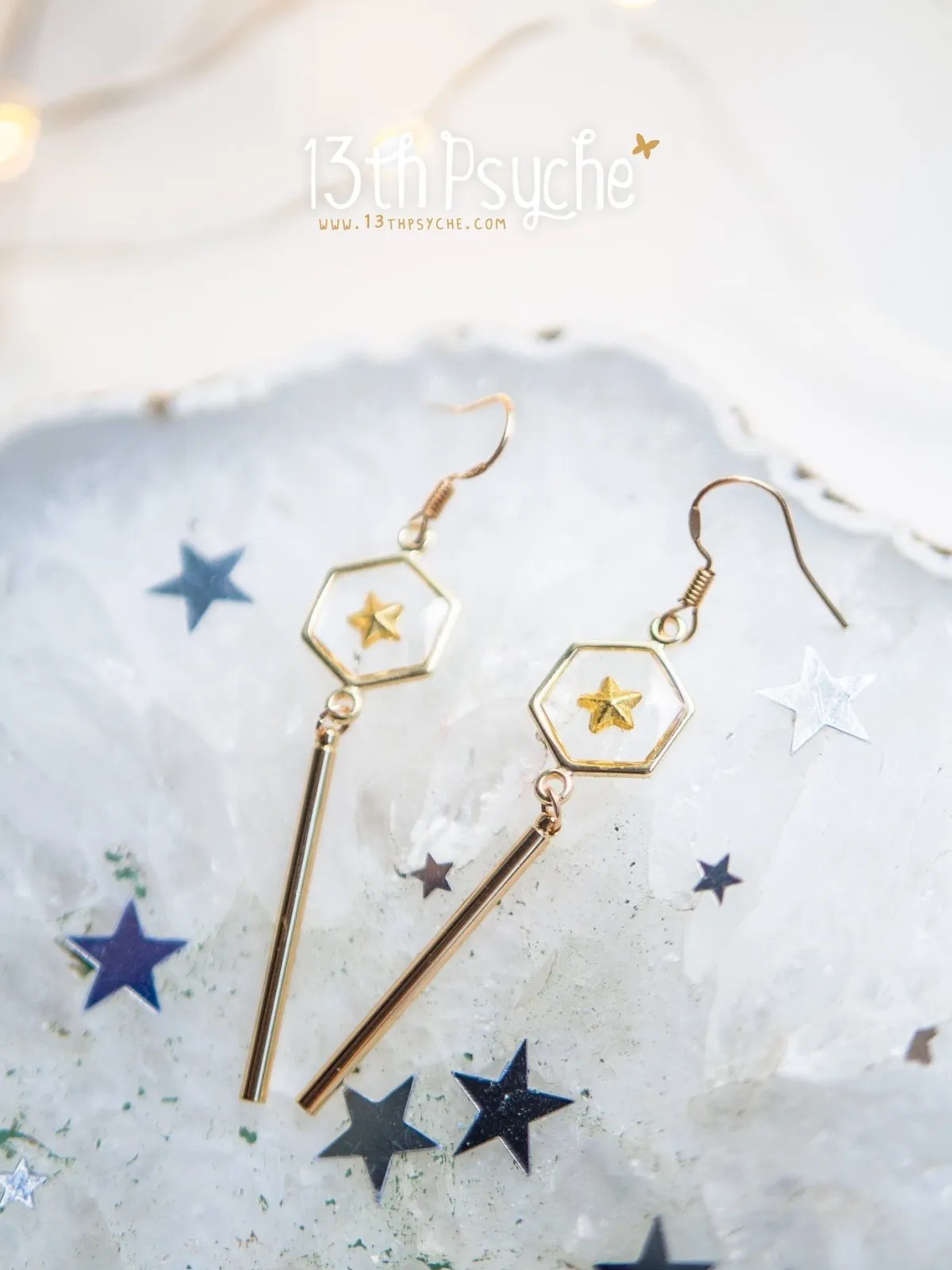 Geometric gold star hexagon dangle earrings