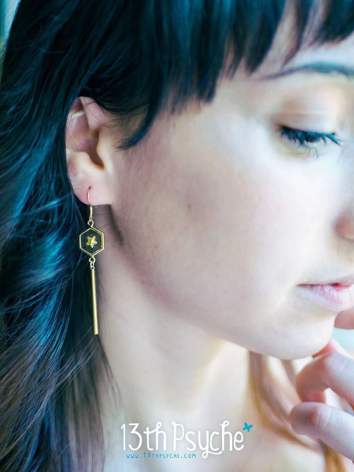 Geometric gold star hexagon dangle earrings