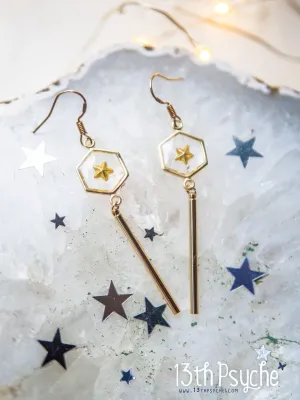 Geometric gold star hexagon dangle earrings