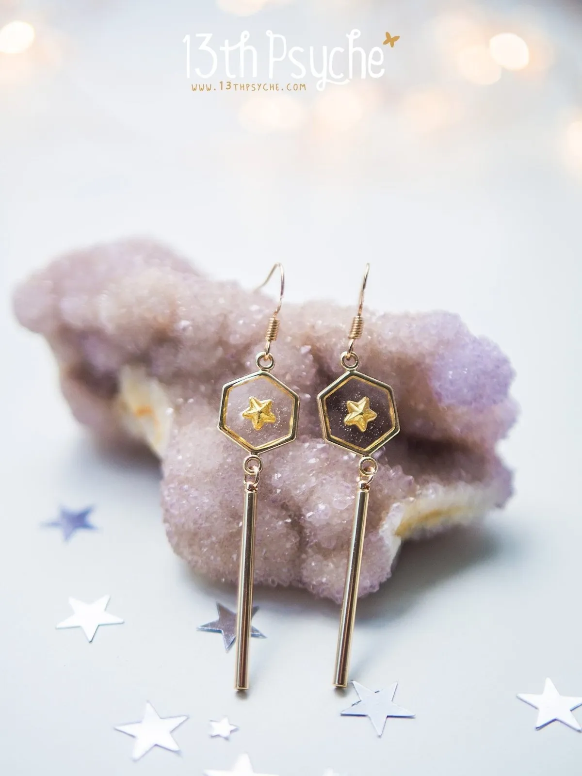 Geometric gold star hexagon dangle earrings