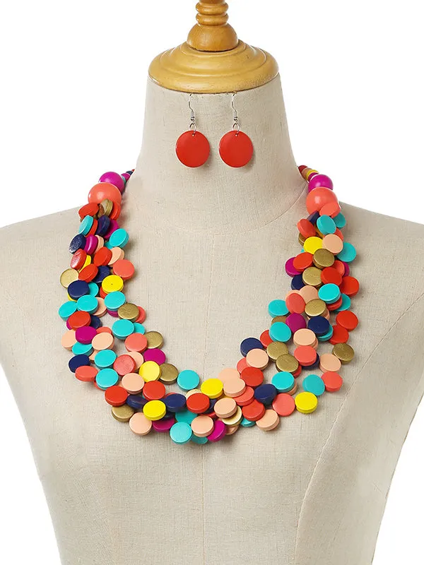 Geometric Multi-Layer Wood Bead Necklace & Earring Set