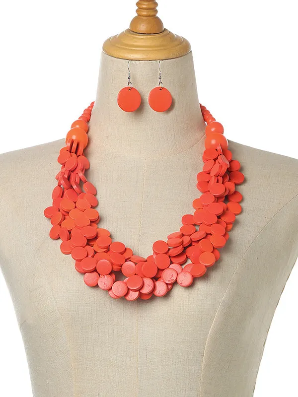 Geometric Multi-Layer Wood Bead Necklace & Earring Set