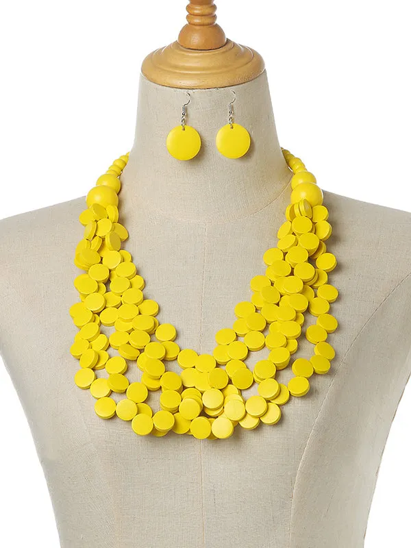 Geometric Multi-Layer Wood Bead Necklace & Earring Set