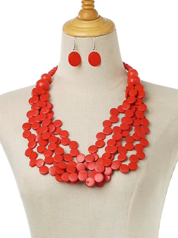 Geometric Multi-Layer Wood Bead Necklace & Earring Set