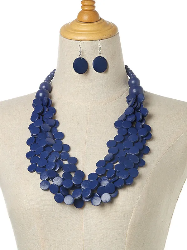 Geometric Multi-Layer Wood Bead Necklace & Earring Set