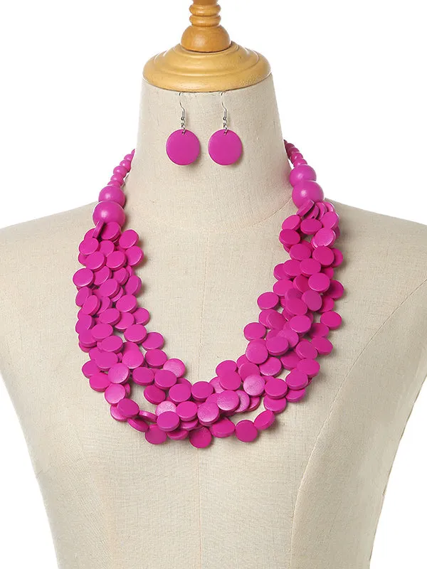 Geometric Multi-Layer Wood Bead Necklace & Earring Set