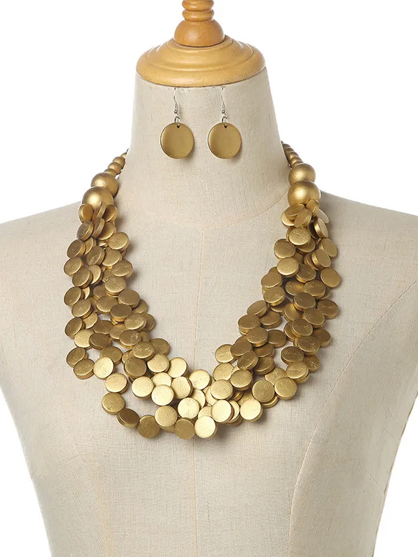 Geometric Multi-Layer Wood Bead Necklace & Earring Set