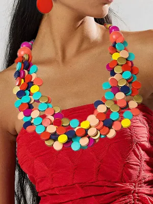 Geometric Multi-Layer Wood Bead Necklace & Earring Set