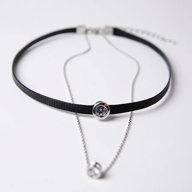 GIVVLLRY 2 Layers Zirconia Crystal Necklace Fashion Elegant Party Chocker Jewelry Punk Black Leather Choker Necklaces for Women