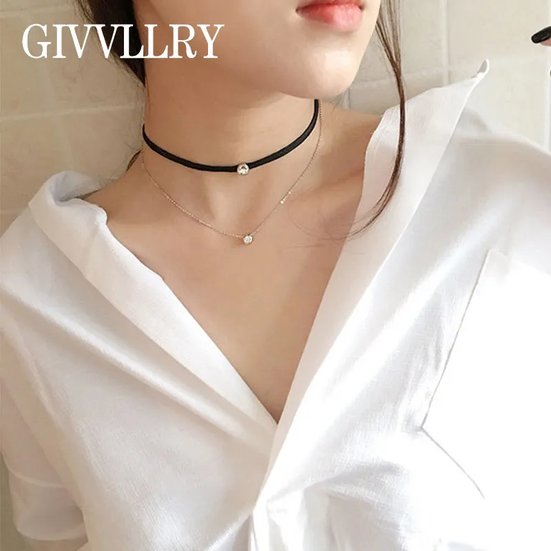 GIVVLLRY 2 Layers Zirconia Crystal Necklace Fashion Elegant Party Chocker Jewelry Punk Black Leather Choker Necklaces for Women