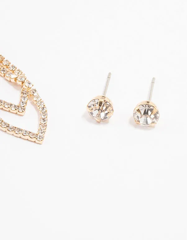 Gold Diamante Studs & Oval Dangly Earrings 2-Pack