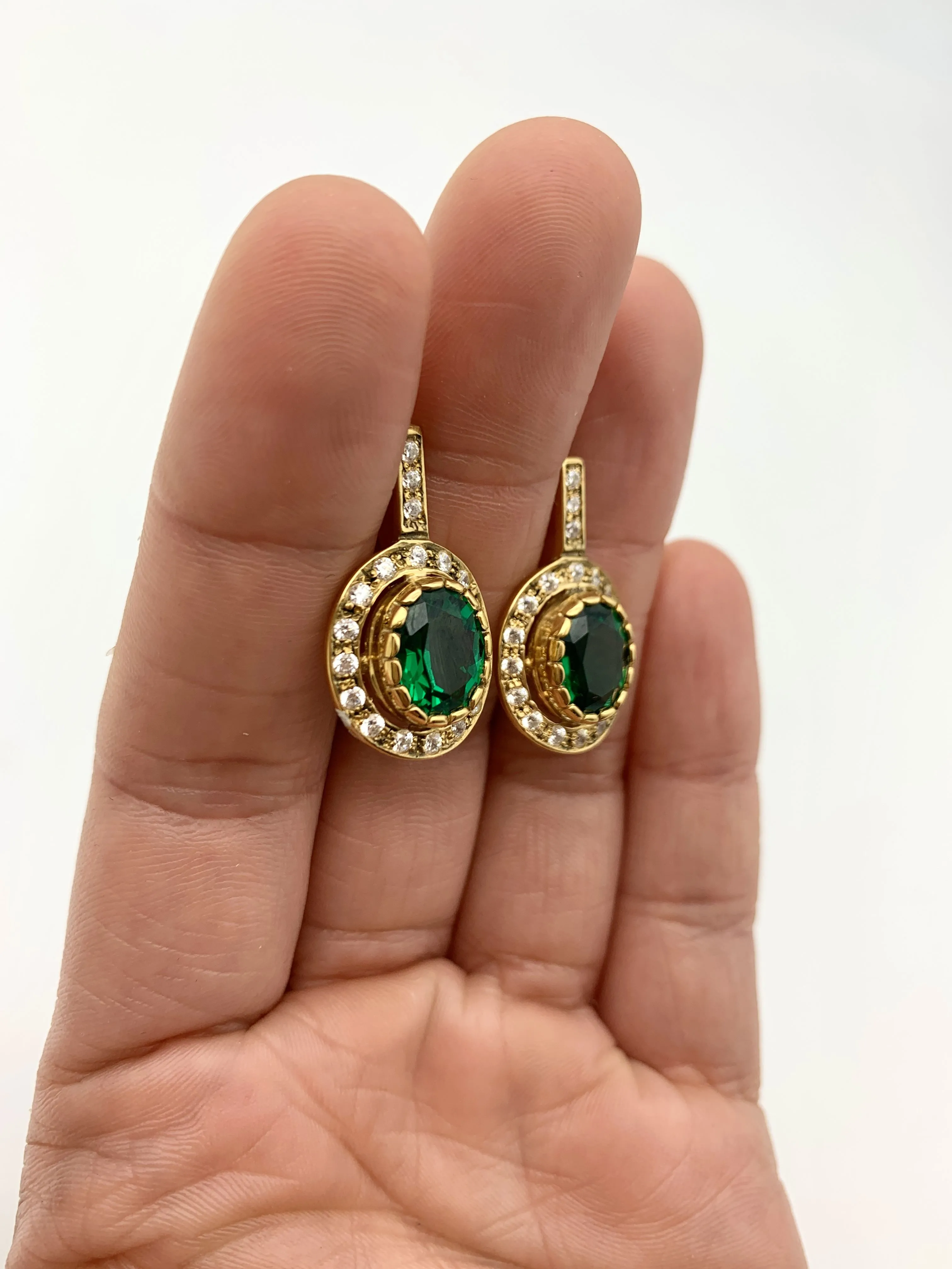 Gold Emerald Earrings - Green Drop earrings - Elegant Oval Earrings