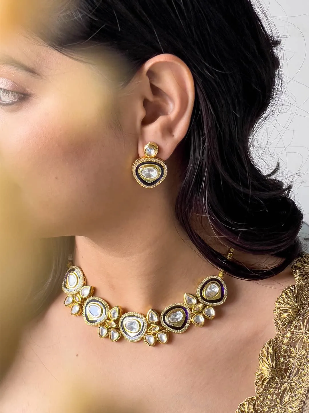 Gold Plated Kundan Studded Necklace And Earrings Set