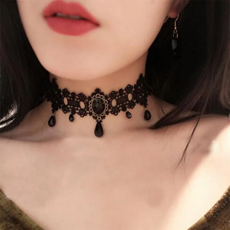 Gothic Chokers Black Beaded Flowers Sexy Lace Neck Choker Necklace Vintage Tassel Chain Women Steampunk Halloween Jewelry