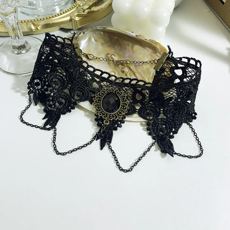 Gothic Chokers Black Beaded Flowers Sexy Lace Neck Choker Necklace Vintage Tassel Chain Women Steampunk Halloween Jewelry