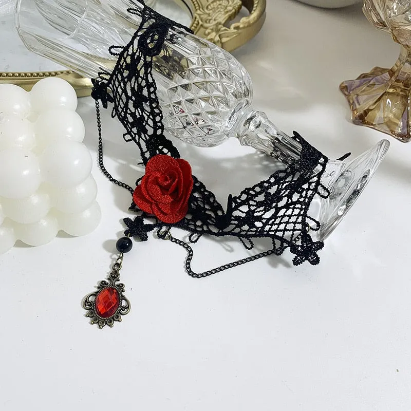 Gothic Chokers Black Beaded Flowers Sexy Lace Neck Choker Necklace Vintage Tassel Chain Women Steampunk Halloween Jewelry