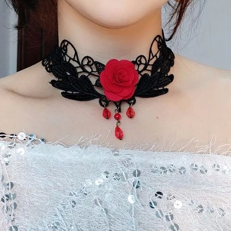 Gothic Chokers Black Beaded Flowers Sexy Lace Neck Choker Necklace Vintage Tassel Chain Women Steampunk Halloween Jewelry