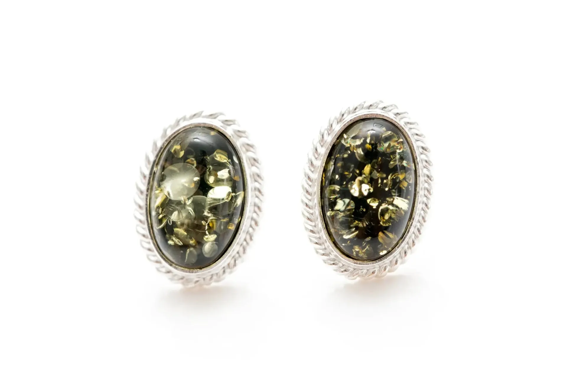 Green Amber Quintessence Stud Earrings - Elegant Baltic Amber and Sterling Silver Jewelry