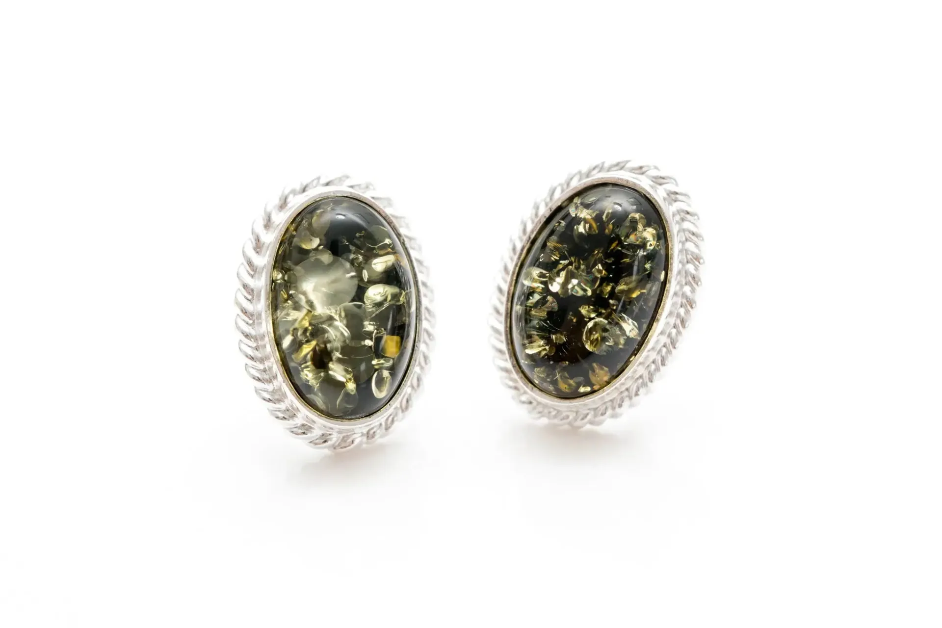 Green Amber Quintessence Stud Earrings - Elegant Baltic Amber and Sterling Silver Jewelry