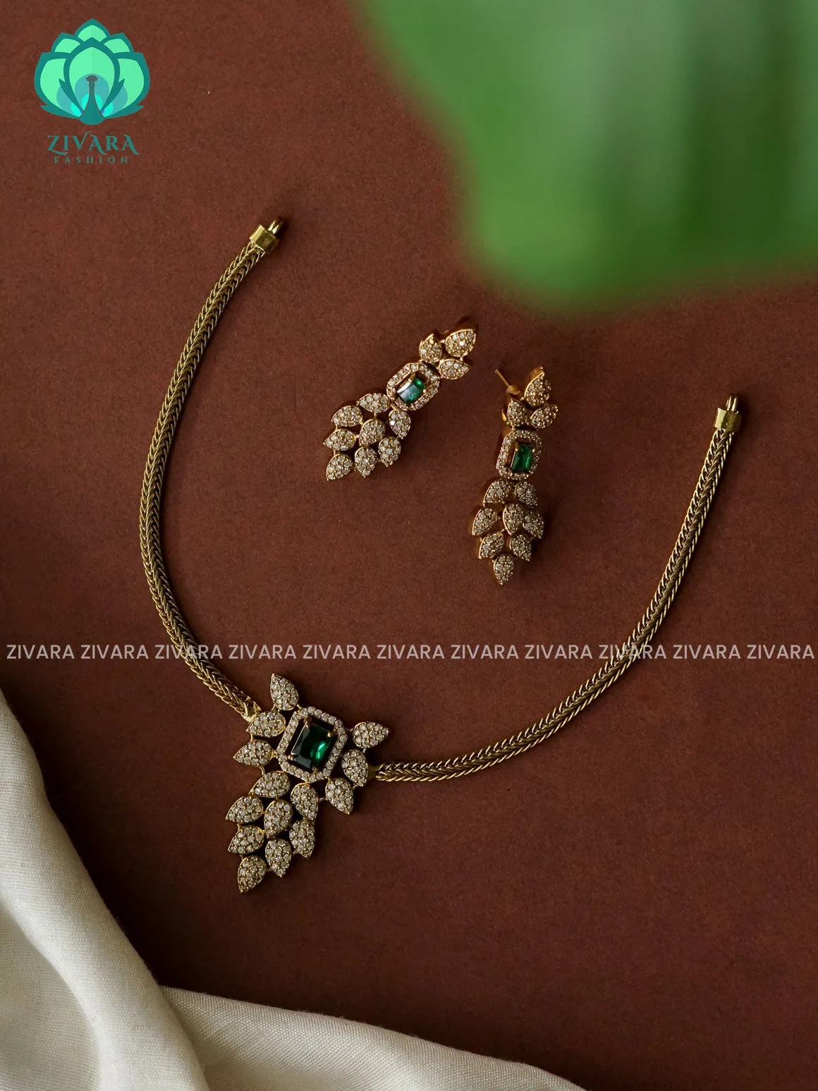 GREEN Flexible chain LEAF pendant -Traditional south indian premium neckwear with earrings- Zivara Fashion- latest jewellery design.