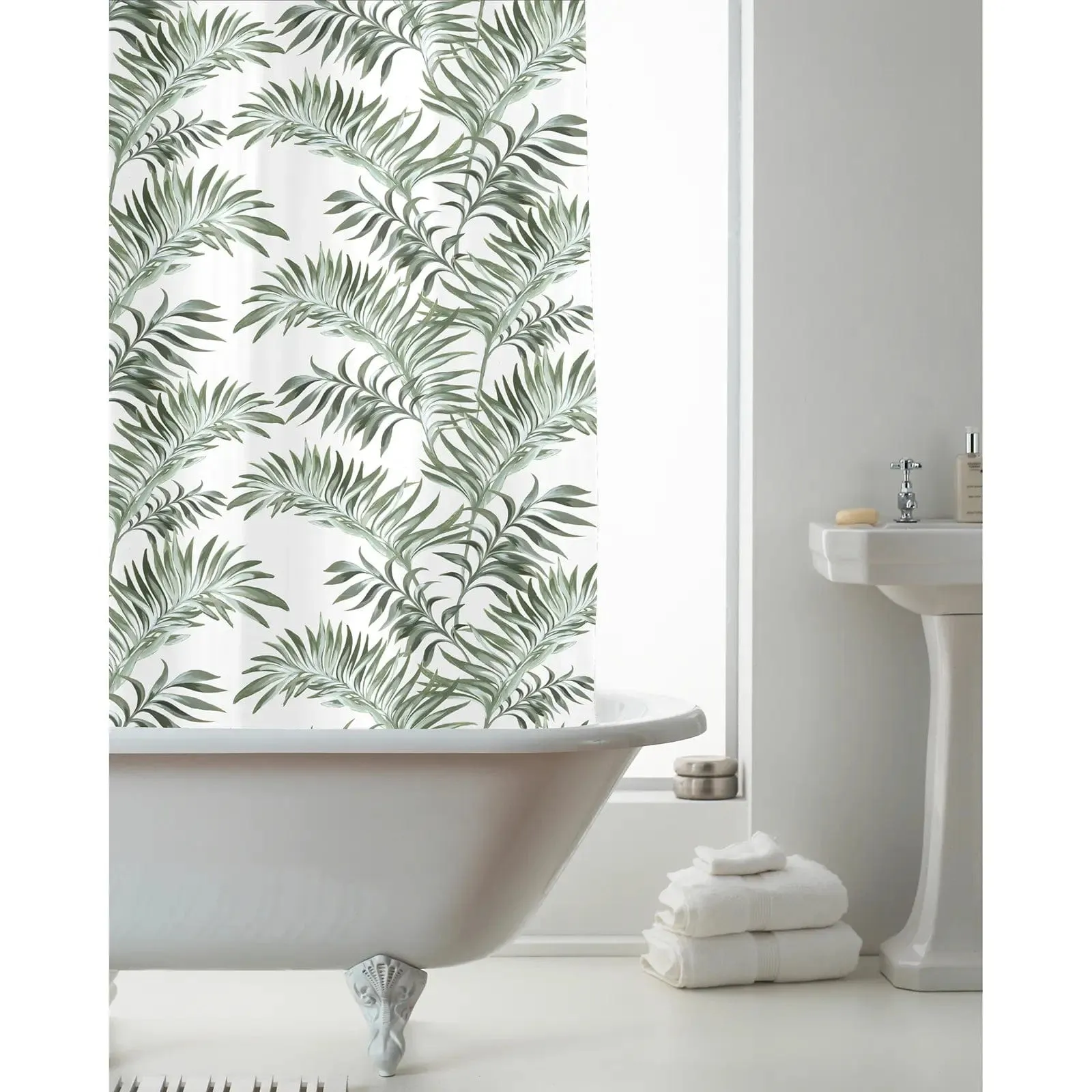 Green Leaf Pattern Shower Curtain with Hooks PEVA 180x180cm