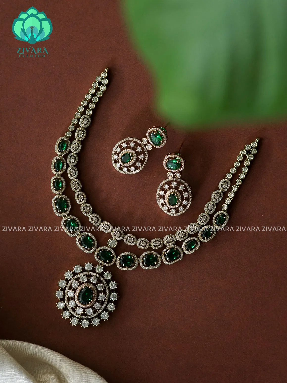 GREEN- Step /layered - SUBTLE GOLD FINISH stylish and minimal elegant neckwear with earrings- Zivara Fashion