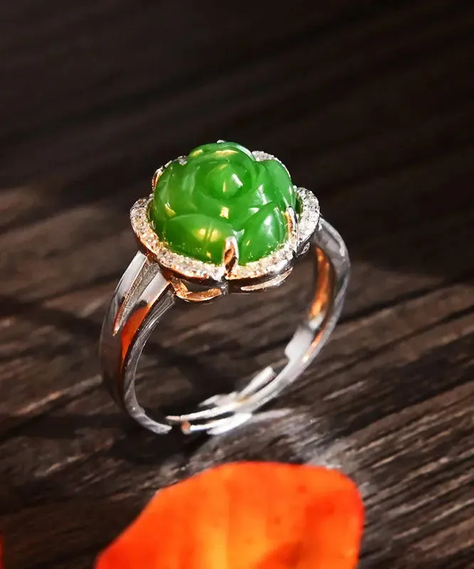 Green Sterling Silver Jade Zircon Floral Rings