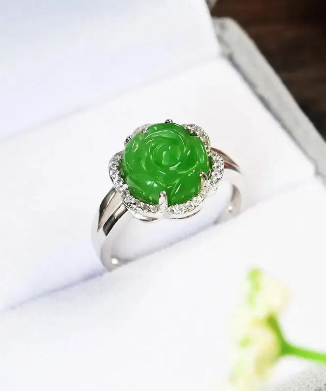 Green Sterling Silver Jade Zircon Floral Rings