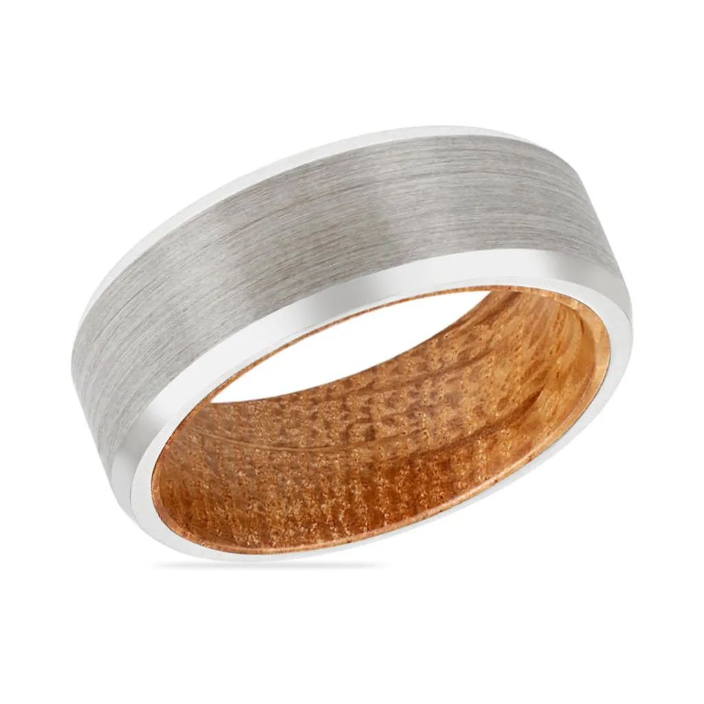 HOFFMAN | Whiskey Barrel Wood, Silver Tungsten Ring, Brushed, Beveled