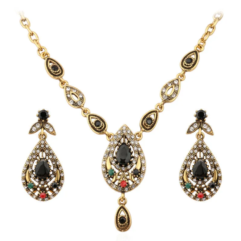 Indian Jewelry Set Elegant Drops Of Water Costume Jewelry Necklace Earring Sets Tibetan Silver Alloy Jewelry For Women