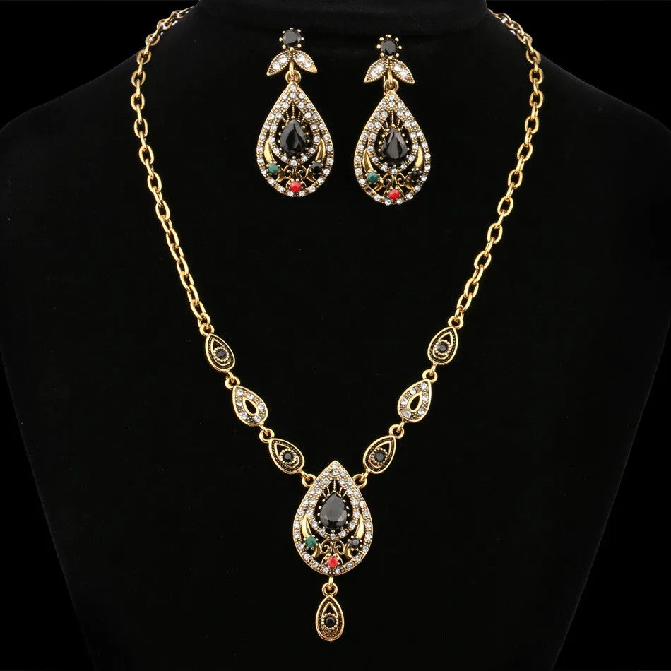 Indian Jewelry Set Elegant Drops Of Water Costume Jewelry Necklace Earring Sets Tibetan Silver Alloy Jewelry For Women