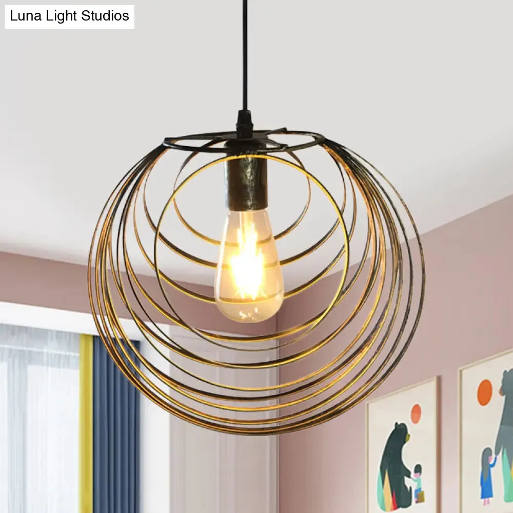 Industrial Hanging Lamp: 1-Light Globe Wire Cage Pendant - Black/Silver/Rust Tone