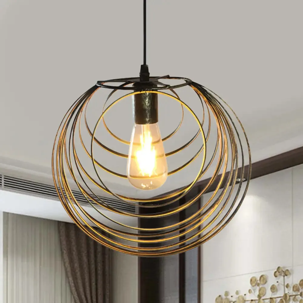 Industrial Hanging Lamp: 1-Light Globe Wire Cage Pendant - Black/Silver/Rust Tone