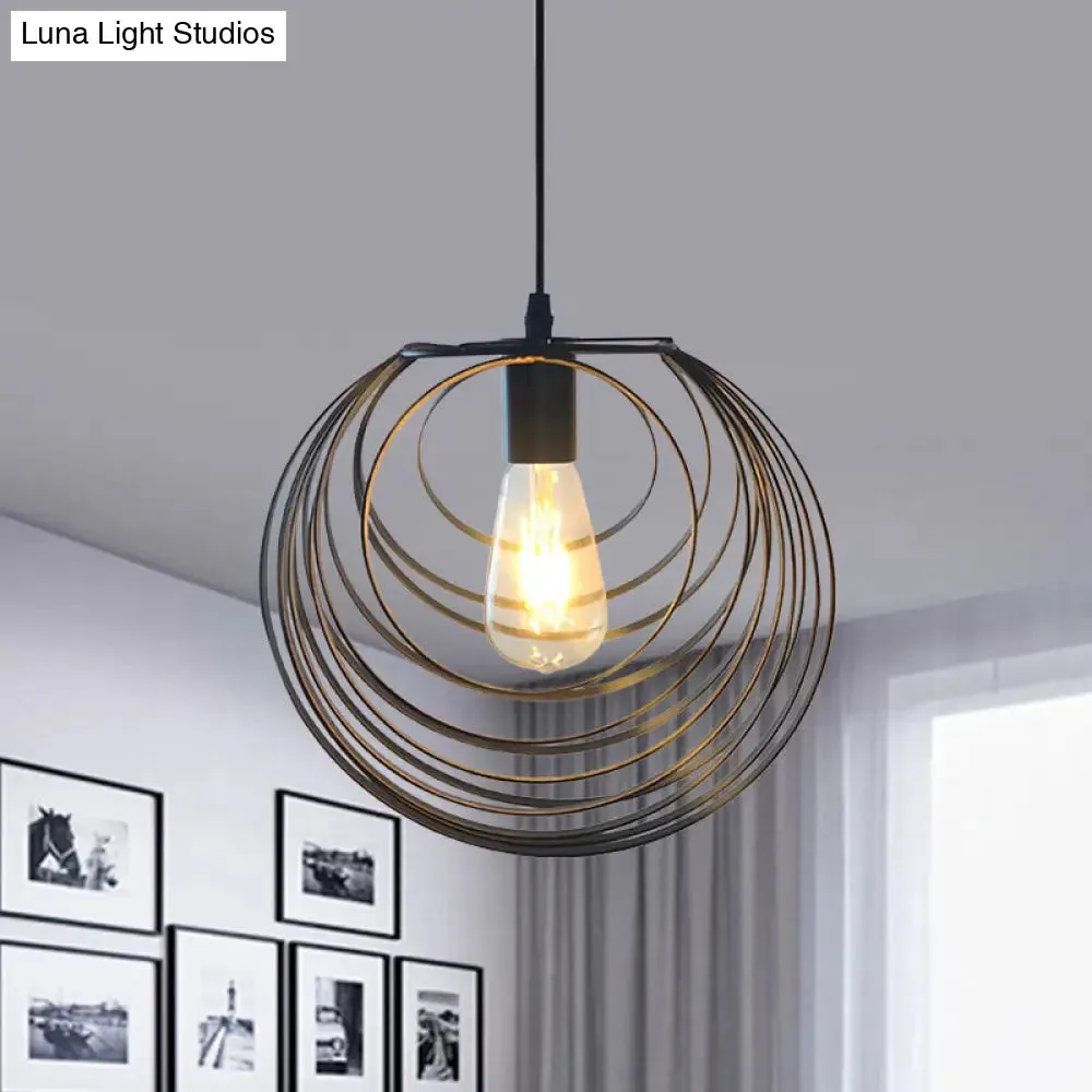 Industrial Hanging Lamp: 1-Light Globe Wire Cage Pendant - Black/Silver/Rust Tone