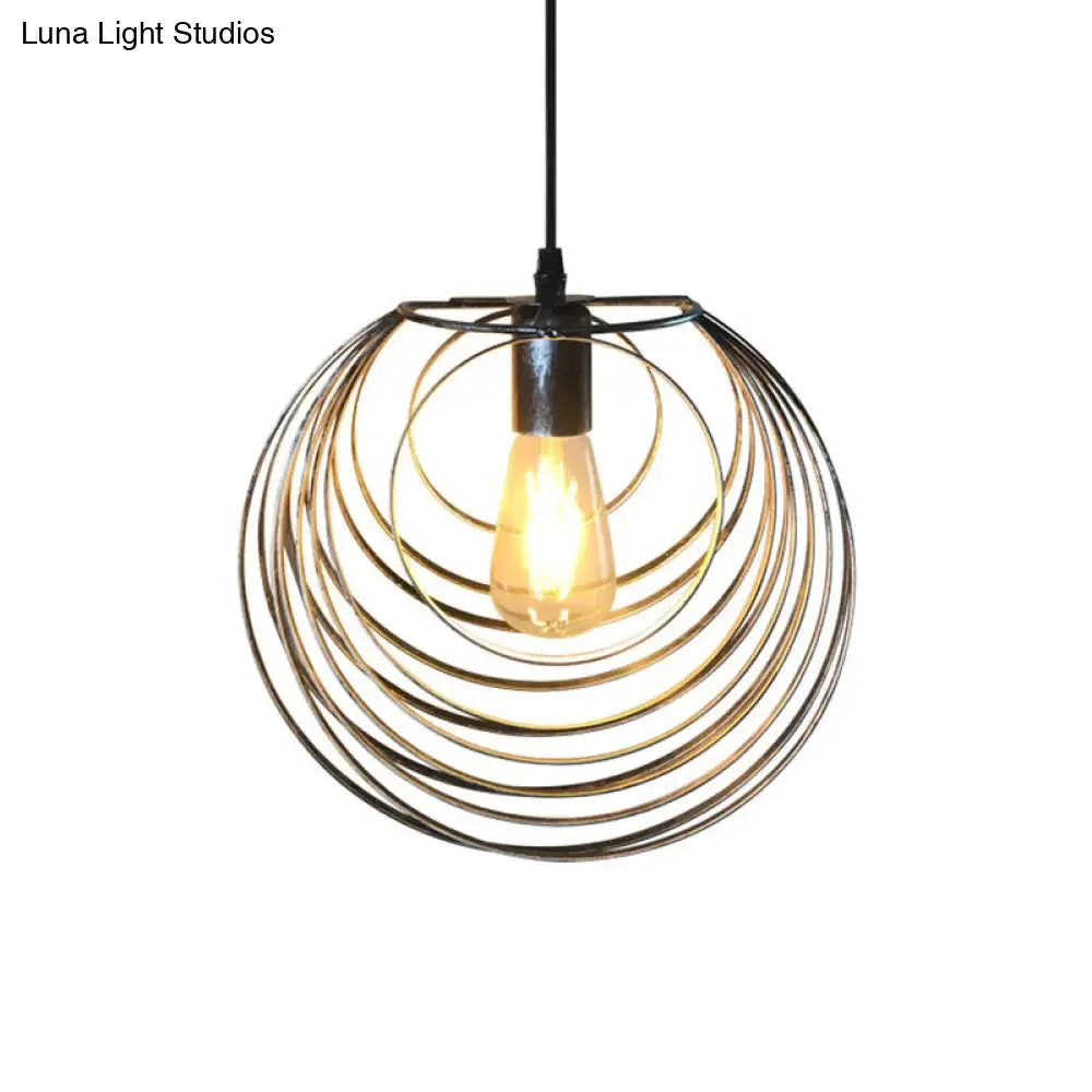 Industrial Hanging Lamp: 1-Light Globe Wire Cage Pendant - Black/Silver/Rust Tone