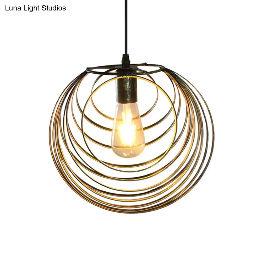 Industrial Hanging Lamp: 1-Light Globe Wire Cage Pendant - Black/Silver/Rust Tone