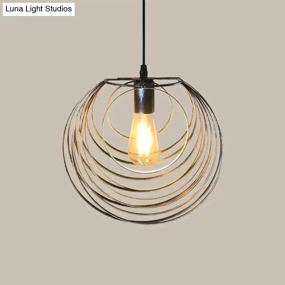 Industrial Hanging Lamp: 1-Light Globe Wire Cage Pendant - Black/Silver/Rust Tone