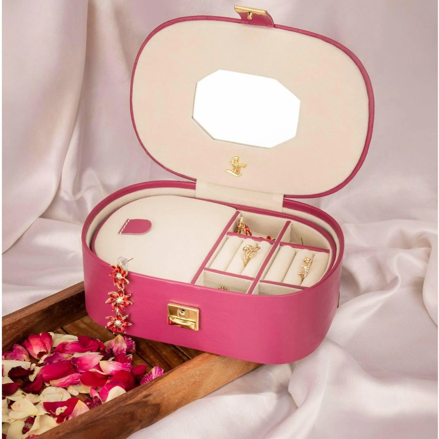 Jewellery Box III | Leather Jewellery Box | 100% Genuine Leather | Lifetime Service Warranty | Color: Pink & Red