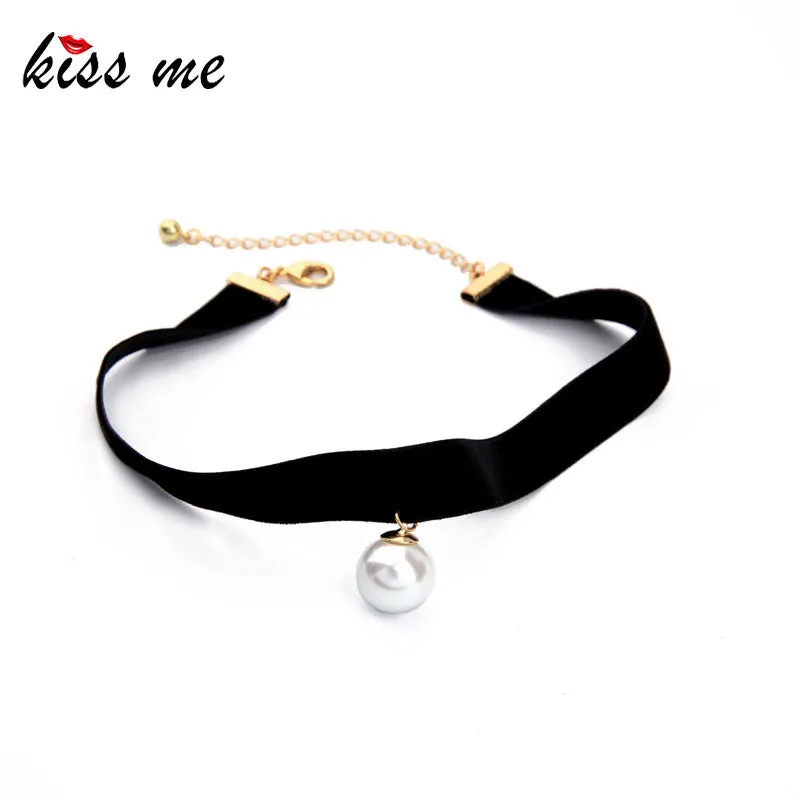 KISS ME New Popular Black Chokers Round Simulated Pearls Choker Necklace 2017 Fashion Jewelry Women Bijoux