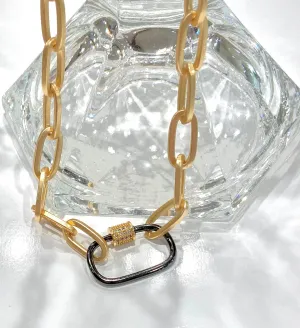 Matte Gold Vermeil Chain and Gun Metal Pave Carabiner Pendant Necklace 18"