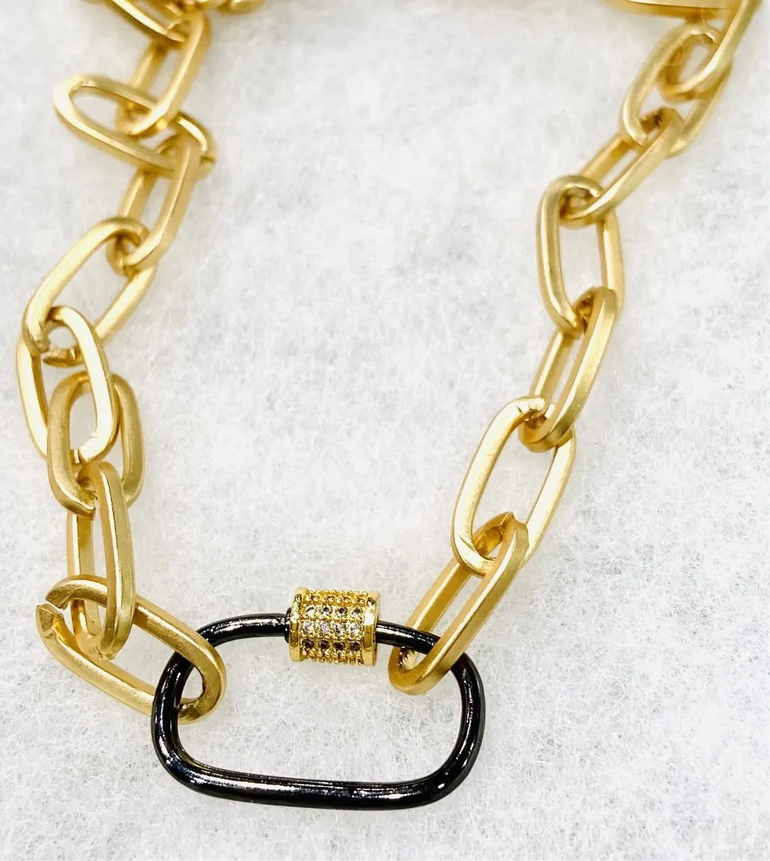 Matte Gold Vermeil Chain and Gun Metal Pave Carabiner Pendant Necklace 18"