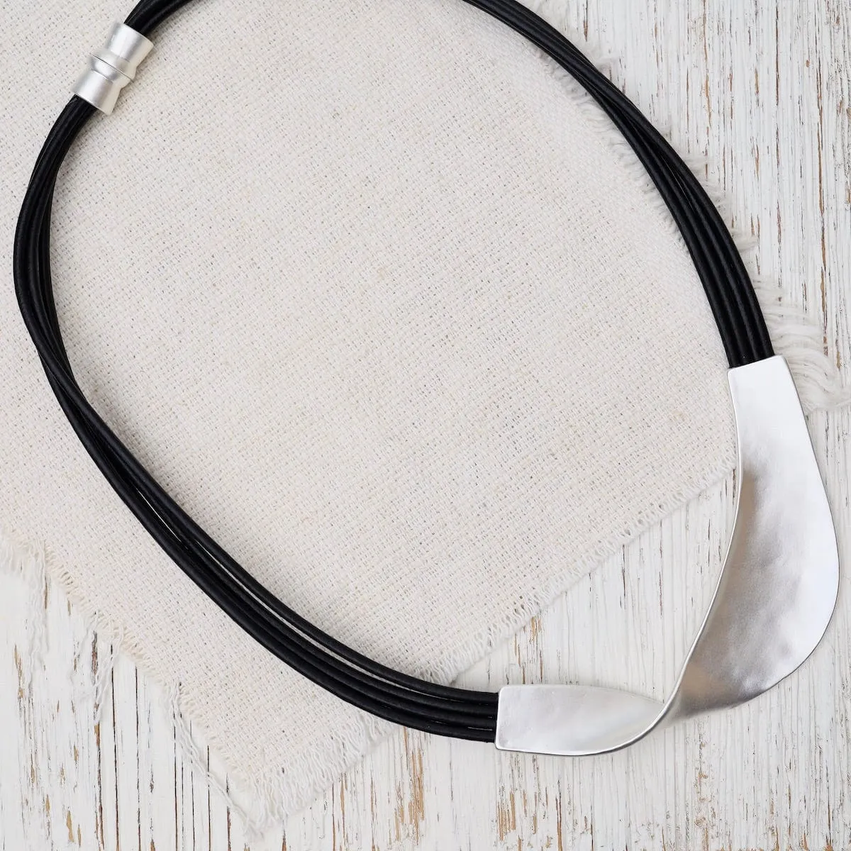 Matte Silver Black Leather Necklace