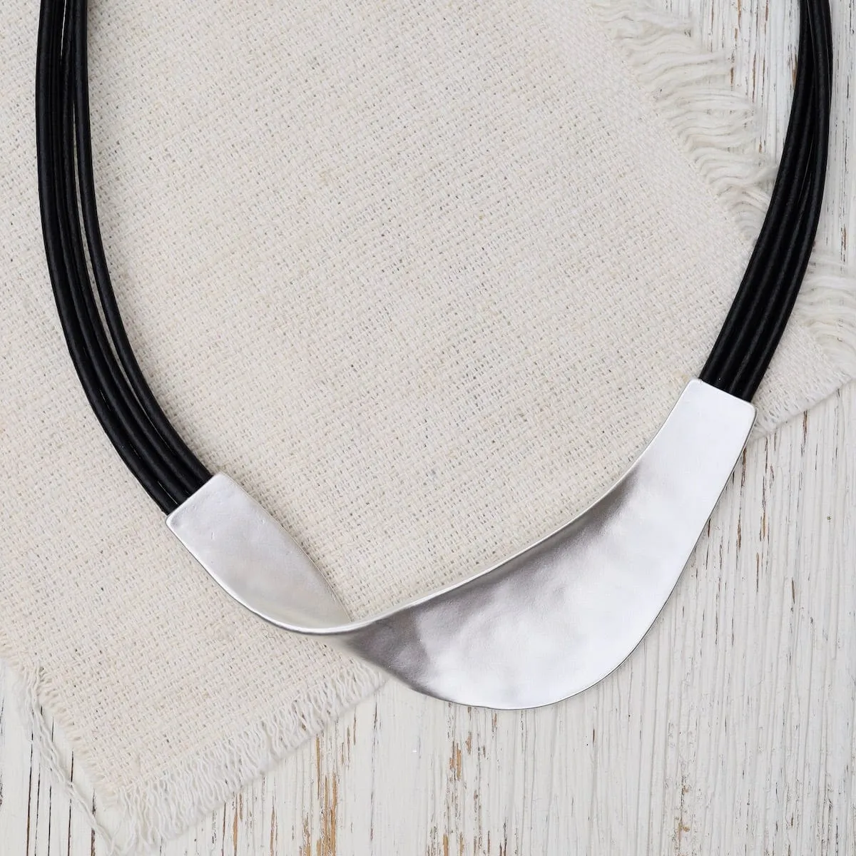 Matte Silver Black Leather Necklace