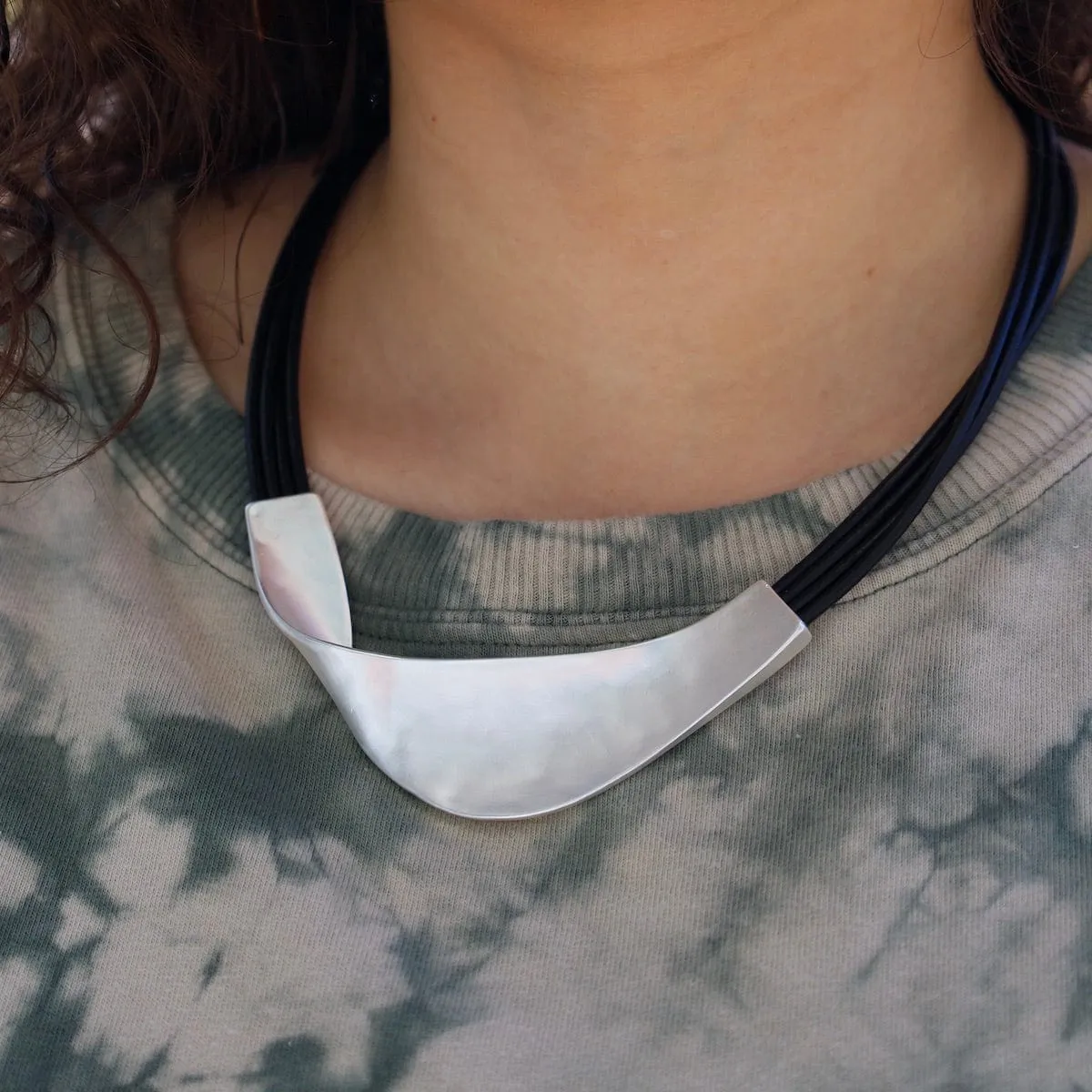 Matte Silver Black Leather Necklace