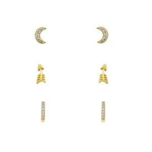 Minimal Earring Set (Crescent Moon, Arrow & Half Huggie)