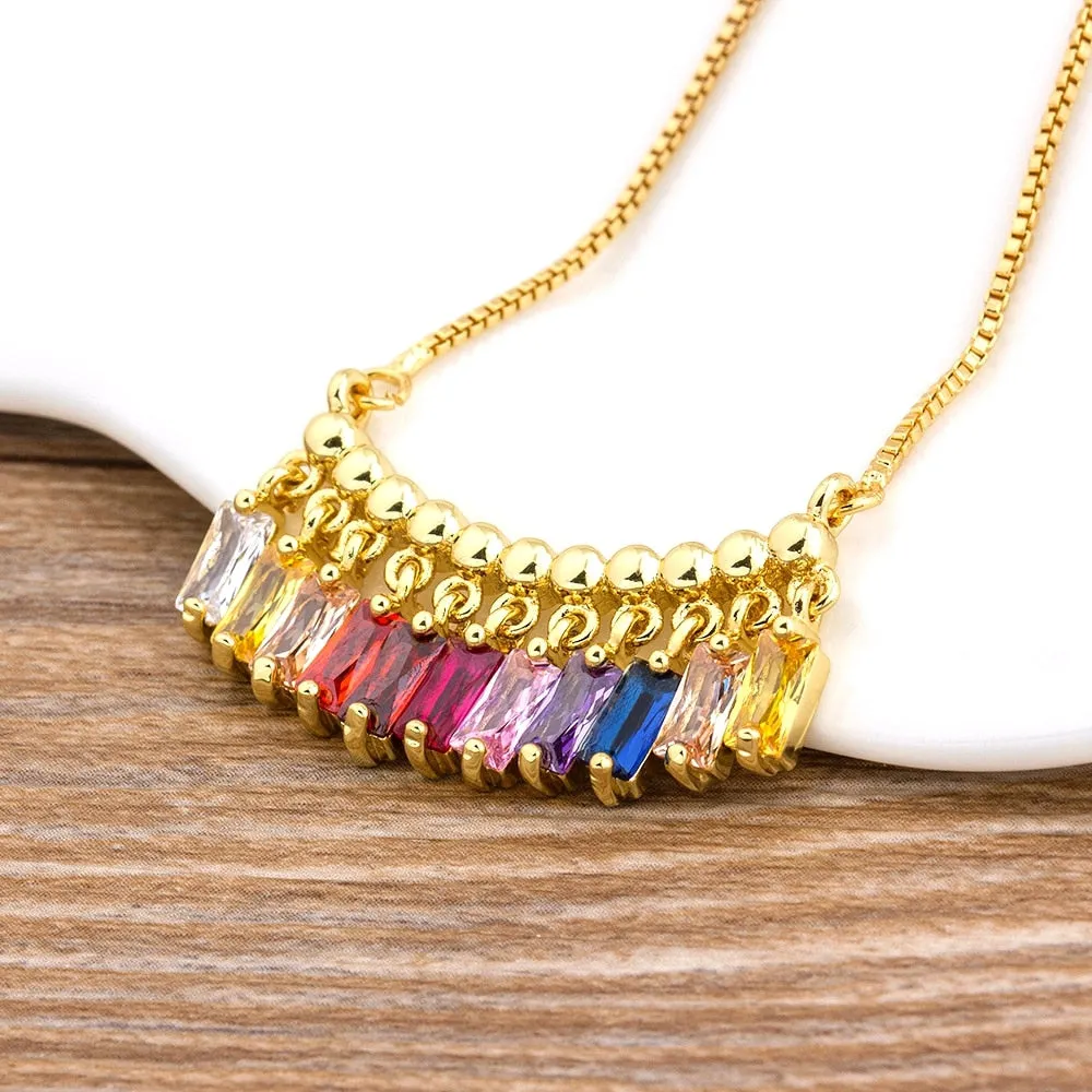 Multi-Color Cubic Zirconia Dangle Charms Bar Pendant Necklace