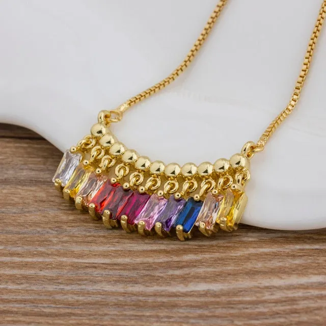 Multi-Color Cubic Zirconia Dangle Charms Bar Pendant Necklace