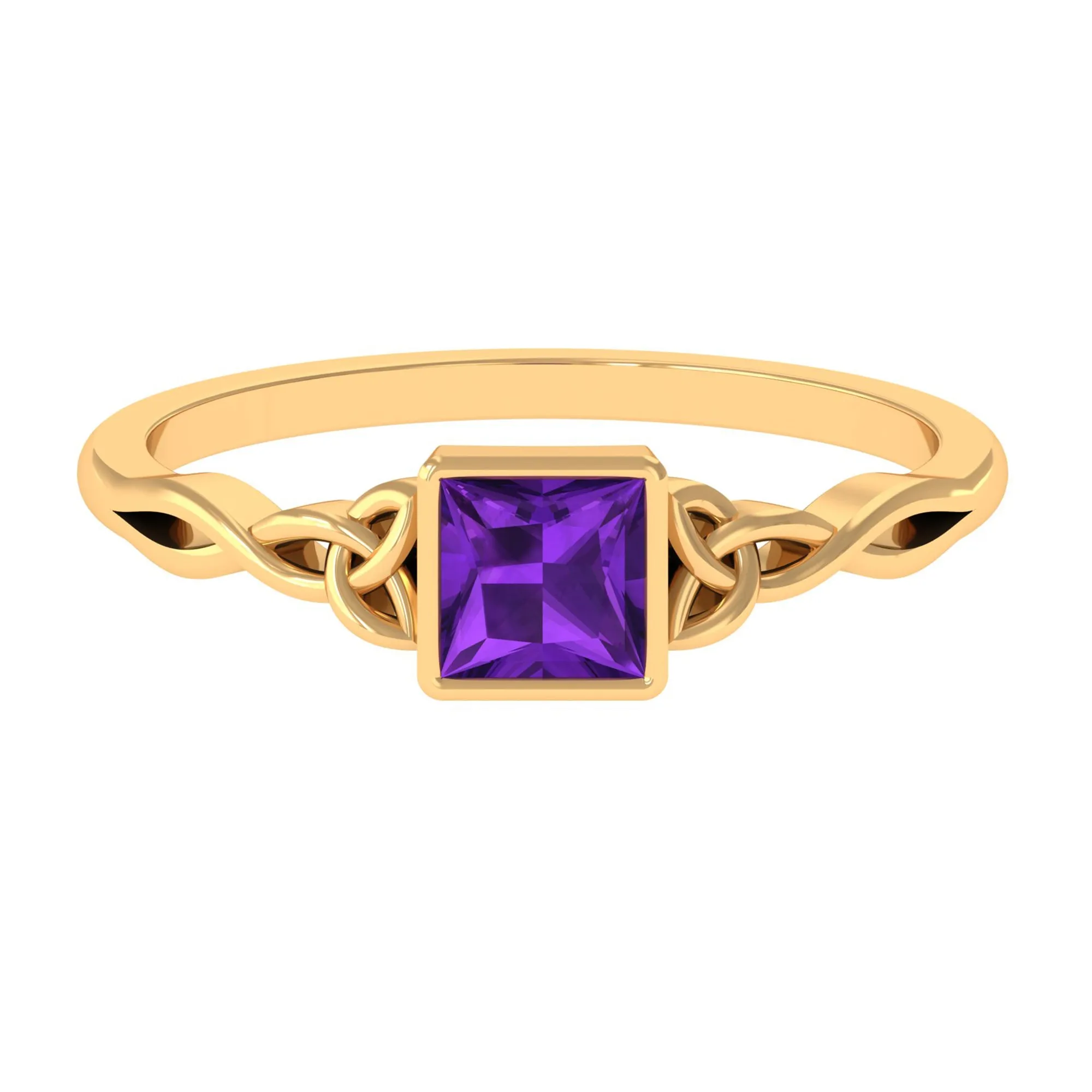 Natural Amethyst Princess Cut Solitaire Celtic Ring in Bezel Setting